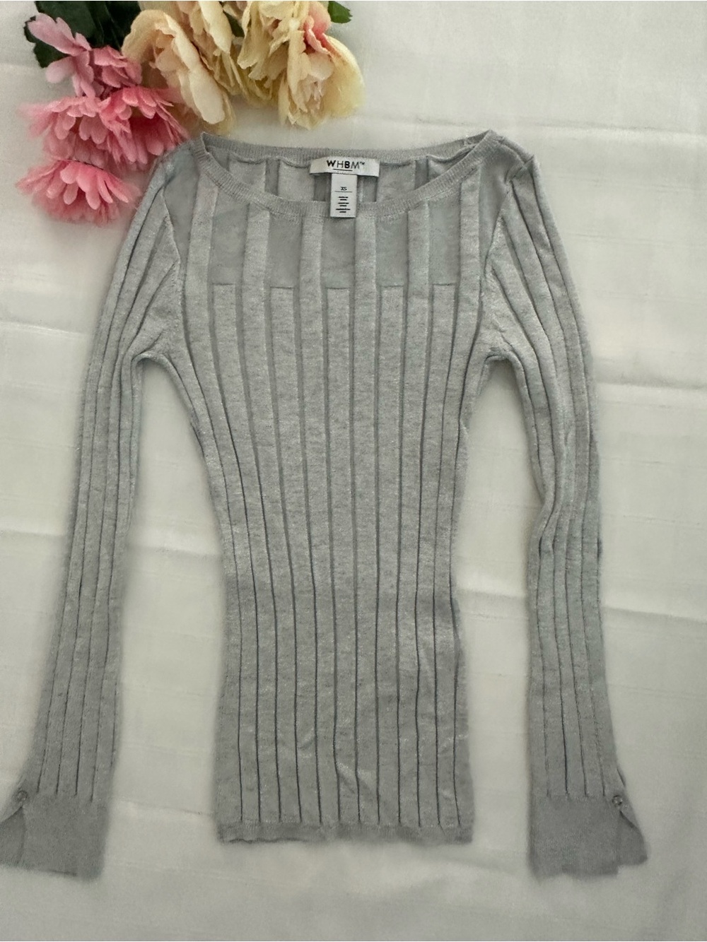 WHBM NWOT Stretch Fitted Sparkle Gray Ribbed Long-Sleeve Women's Sweater!